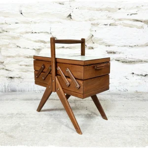 Travailleuse Vintage Chêne et Formica Pieds Compas Manufrance